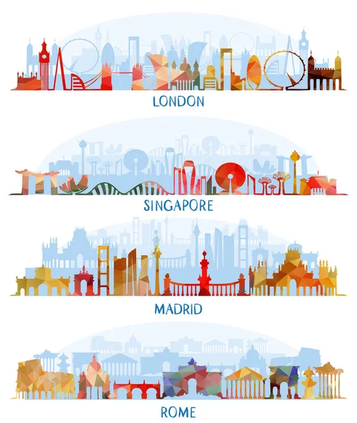 Skyline flat set (Londres, Singapura, Madrid, Roma ) — Vetor de Stock