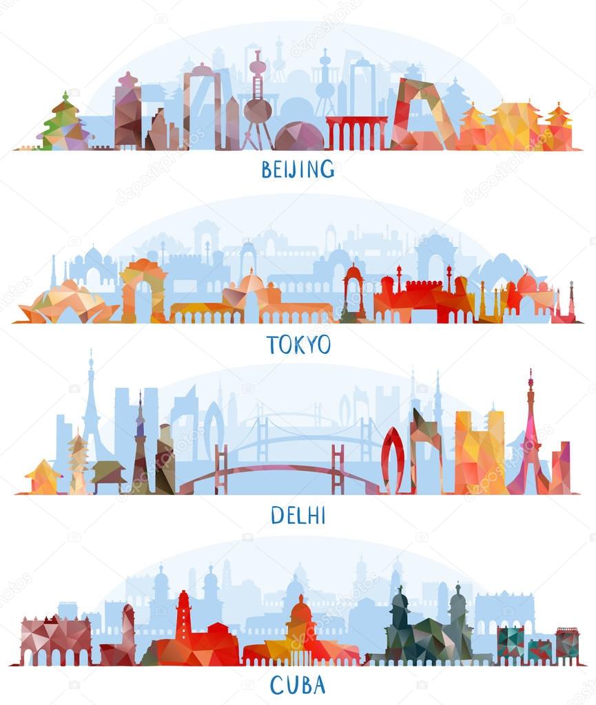 Skyline silhouette set (Beijing, Tokyo, New Delhi, Cuba)
