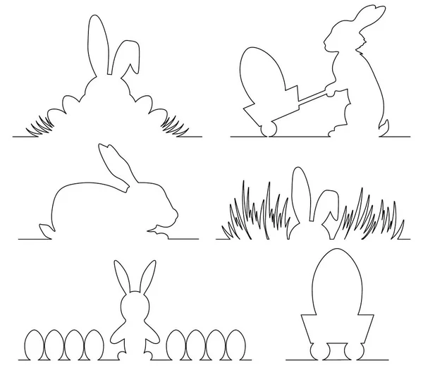 Conception de contour minimal de Pâques avec lapin et œufs — Image vectorielle