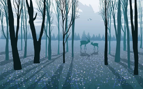 Divoká zvířata jelen, laň v lese — Stockový vektor