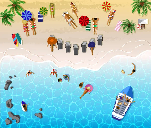 Sunbathing people. Sunny beach view from above Stock Illustration