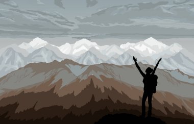 Uzun yürüyüşe çıkan kimse zevk yatay, dağlar.