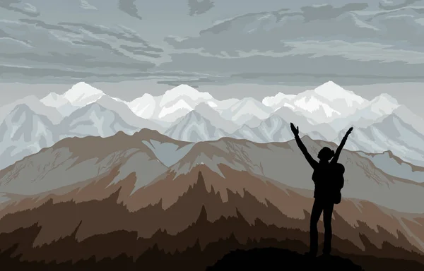 Uzun yürüyüşe çıkan kimse zevk yatay, dağlar.