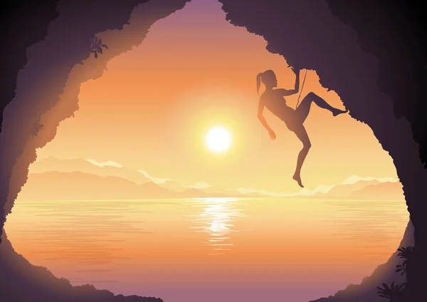 女子爬上悬崖，美丽的日落 — 图库矢量图片