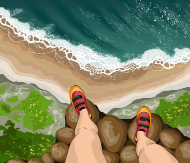 Gezgin adam üst dağ Rock zirvesinde ayakta