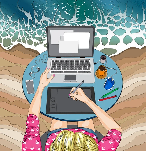 笔记本电脑在海滩，远程工作工作的女人 — 图库矢量图片