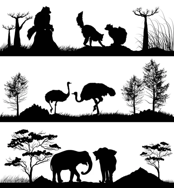 Wild animals Ring-tailed lemur, elephant, ostrich — Stock Vector