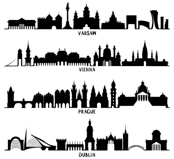 Silhouetten von Warschau, Wien, Prag und Dublin — Stockvektor