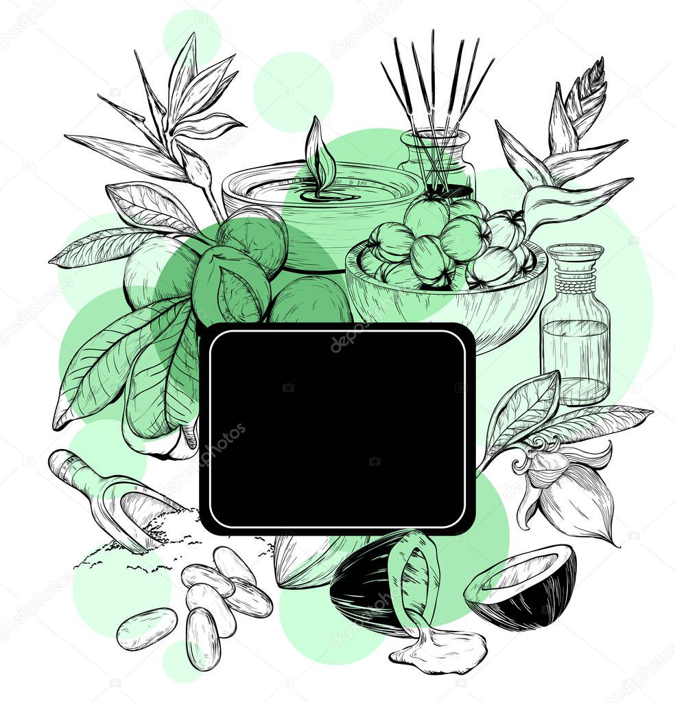 Tropic style spa treatment frame, spa organic products. Vector illustration.