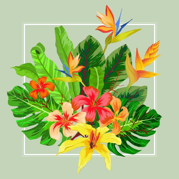 Abstract exotic tropical leaf and flowers — Stock Vector