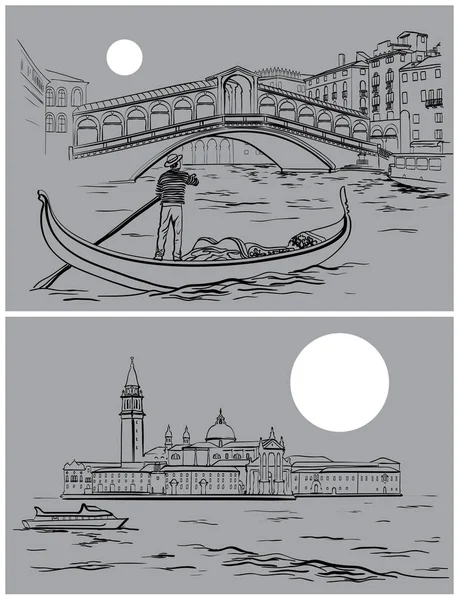 Puente de Rialto y Iglesia de San Giorgio di Maggiore — Vector de stock