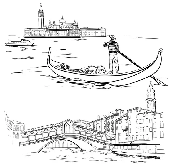 Gondolier near Lido island, Rialto Bridge, Venice — Stock Vector