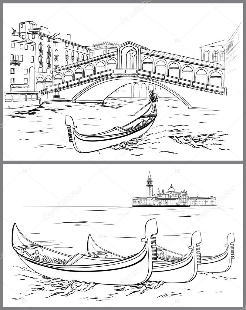 Hand drawn Rialto Bridge and Lido island, Venice