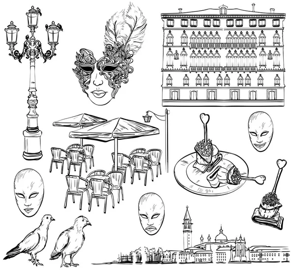 Conjunto de dibujo a mano de Venecia boceto — Archivo Imágenes Vectoriales