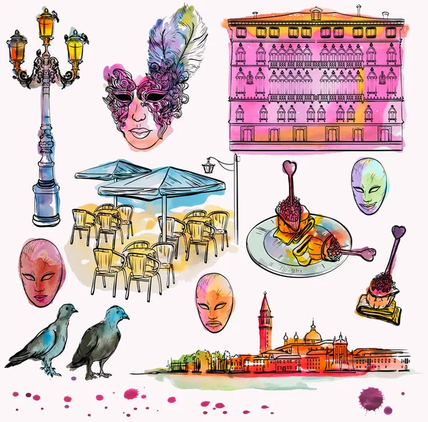 Venedik taslağını set el çizim ve suluboya — Stok Vektör