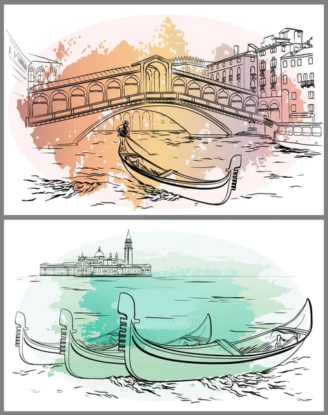 Gondoleros cerca de Rialto, Lido, acuarela Venecia — Vector de stock