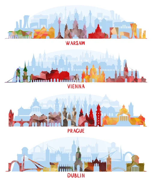 Paisajes urbanos de Varsovia, Viena, Praga, Dublín — Vector de stock