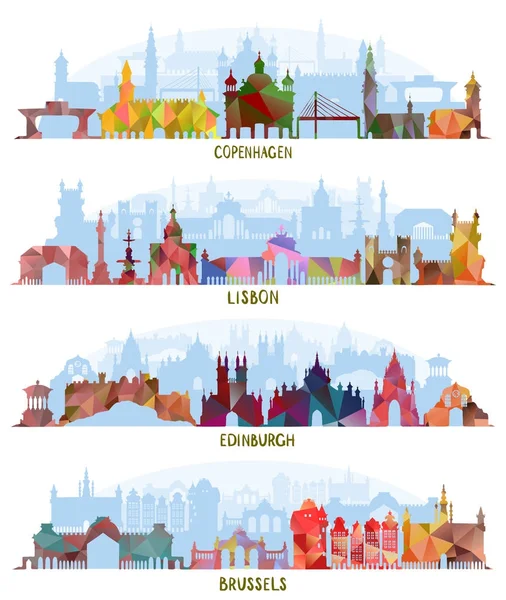 Cityscapes Copenhagen, Lisbona, Edimburgo, Bruxelles — Vettoriale Stock