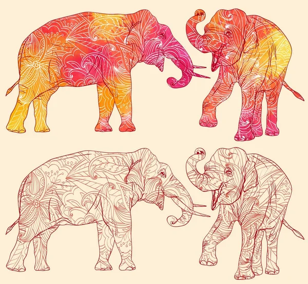 Aantal olifanten met decoratieve bloemmotief — Stockvector