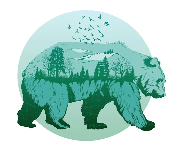Doppia esposizione, orso selvatico e foresta — Vettoriale Stock