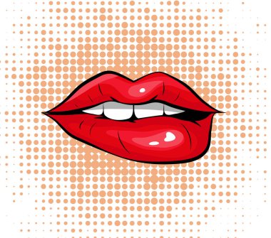 Pop art renkli tasarım kırmızı dudakları ısırma