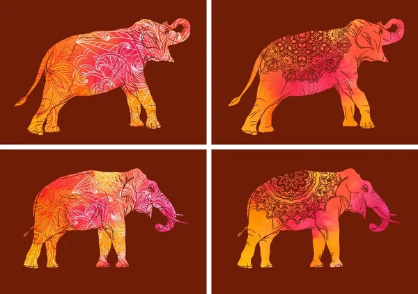 Aantal olifanten met decoratieve bloemmotief — Stockvector