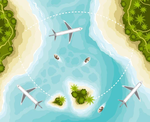 De eilanden en de vliegtuigen, bovenaanzicht — Stockvector
