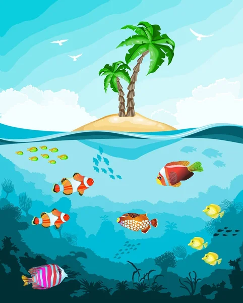 Undervattensvärld med fisk och tropical island — Stock vektor