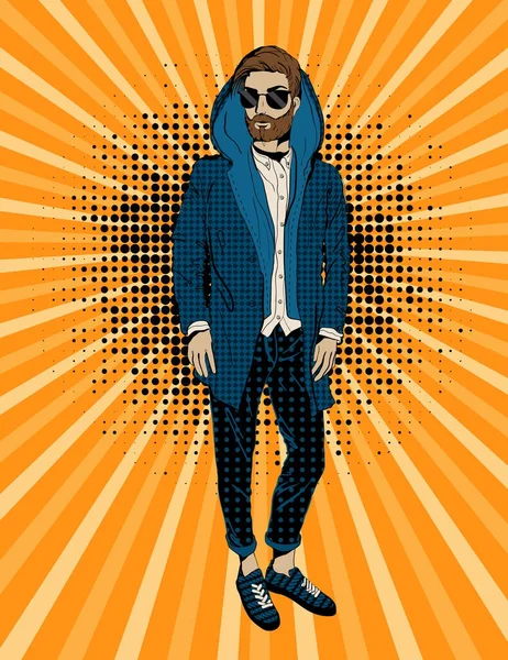 Skäggiga hipster mannen porträtt, Pop art — Stock vektor