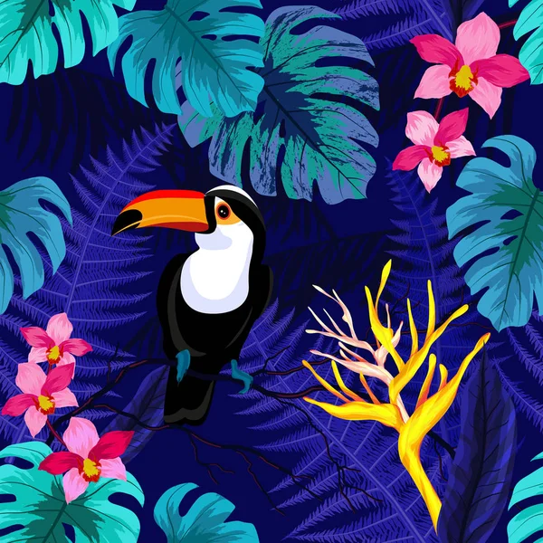 Naadloze patroon met bloemen en toucan bird — Stockvector