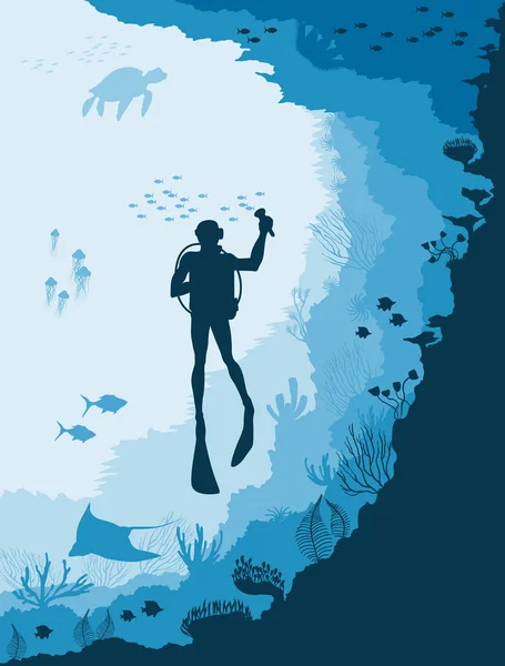 Potápěč s podvodní přírody, medúzy, ryby — Stockový vektor