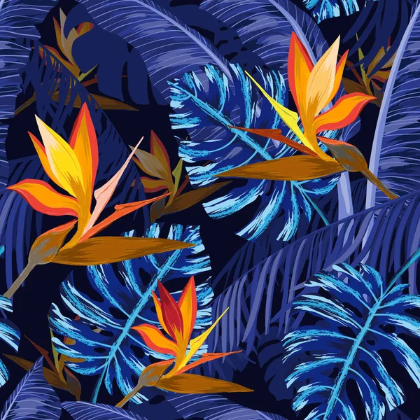 Seamless mönster med blå tropiska blommor — Stock vektor