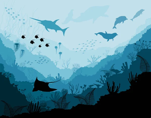 Unterwasser-Tierwelt, Scheiße, Hai, Delfine — Stockvektor