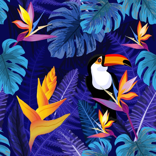 Pola mulus dengan bunga dan burung toucan - Stok Vektor