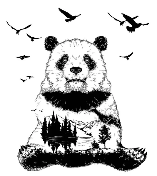 Dupla exposição, urso panda e paisagem florestal — Vetor de Stock