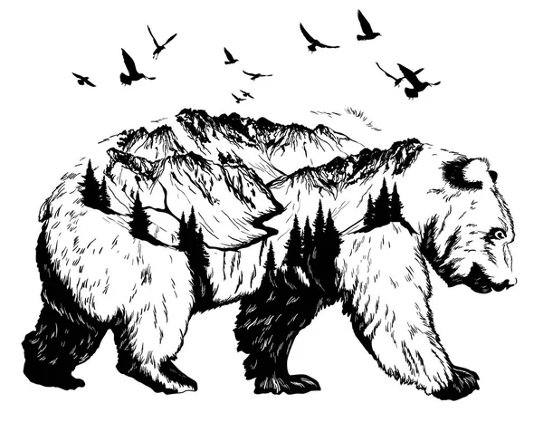 Подвійна експозиція, ведмідь і гірський пейзаж — стоковий вектор
