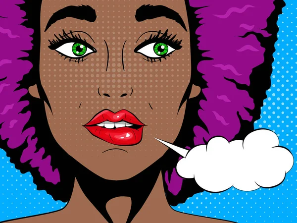 Pop sanat yüz Vay. Açık ağız ve konuşma balonu ile karışık Afrikalı kadın. Pop art — Stok Vektör
