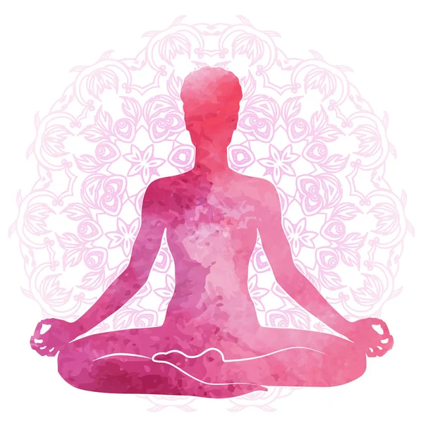 Практика йоги, релаксации и медитации. Акварельный силуэт — стоковый вектор