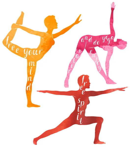Akvarell sziluettek, nő, jóga vagy pilates edzés során. Jóga motiváció — Stock Vector