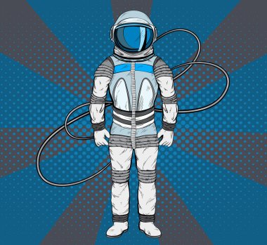 Astronot pop sanat tarzı. Kozmonot tasarımınız için mavi arka plan üzerinde.