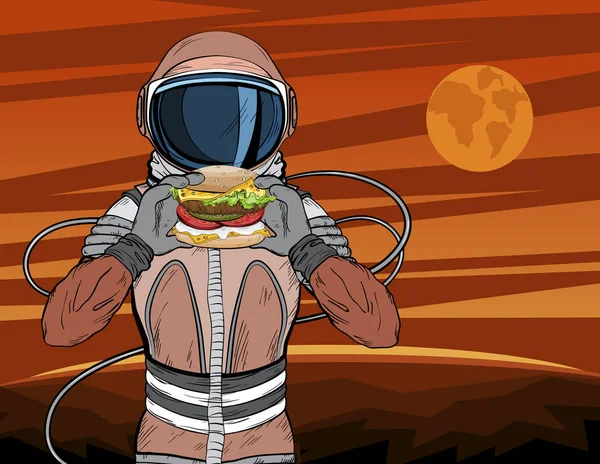 Астронавт с гамбургером быстрого питания в стиле поп-арта. Космонавт на поверхности планеты Марс ест чизбургер — стоковый вектор