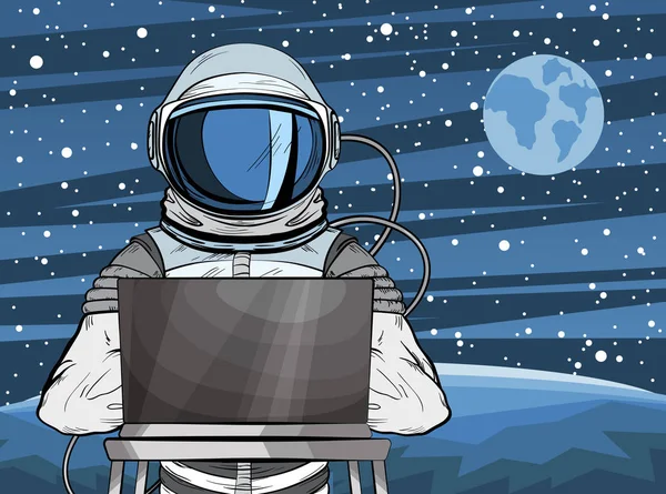 Hetten hacker Astronaut bak en bærbar pc i popkunst-stil. Kosmonaut på Mars-planetens overflate – stockvektor