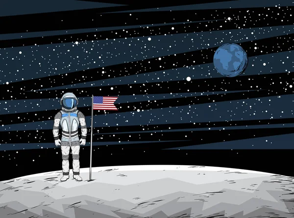 Космонавт с флагом после на поверхности Луны с космическим кораблем на заднем плане — стоковый вектор