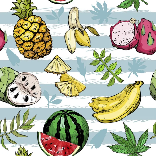 Patrón exótico sin costuras de verano dibujado a mano con frutas y hojas — Archivo Imágenes Vectoriales
