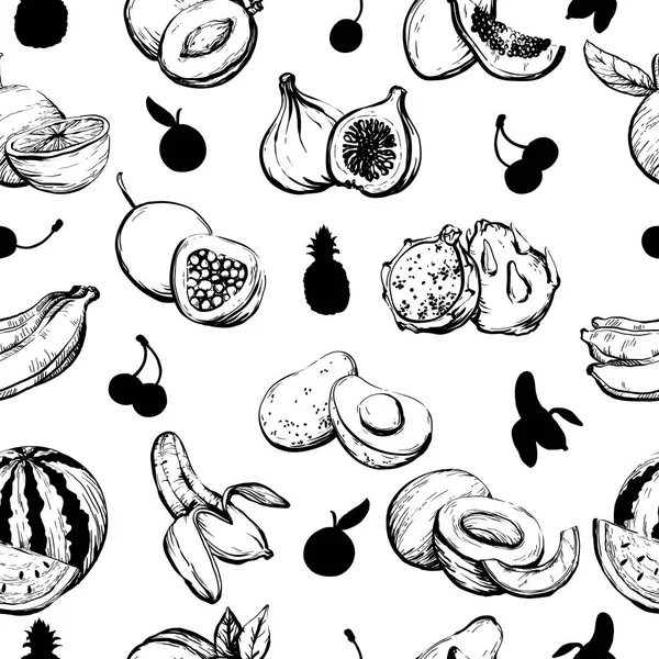 Dessiné à la main motif exotique sans couture été monochrome avec des fruits — Image vectorielle