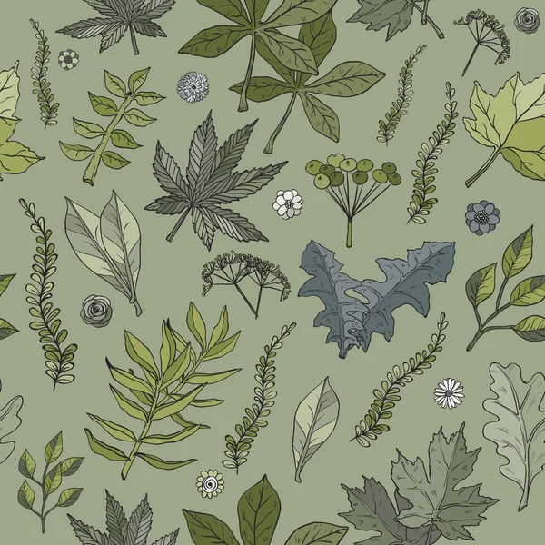 Ручний малюнок безшовного фону з листям і рослинами в стилі ескізів — стоковий вектор