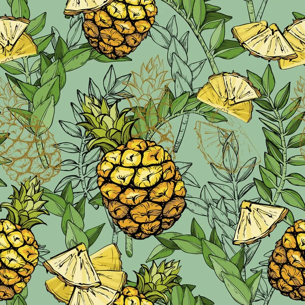 Seamless Pattern with Pineapples and Tropical Leaves — Stock Vector