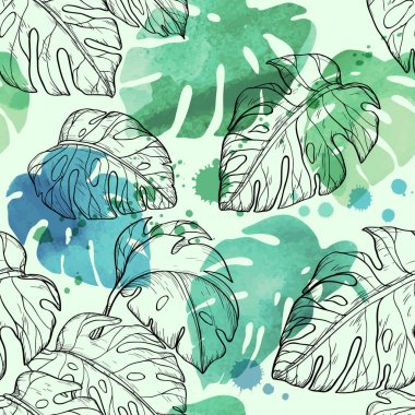 Abstract watercolor seamless leaves pattern with tropical leaves clipart
