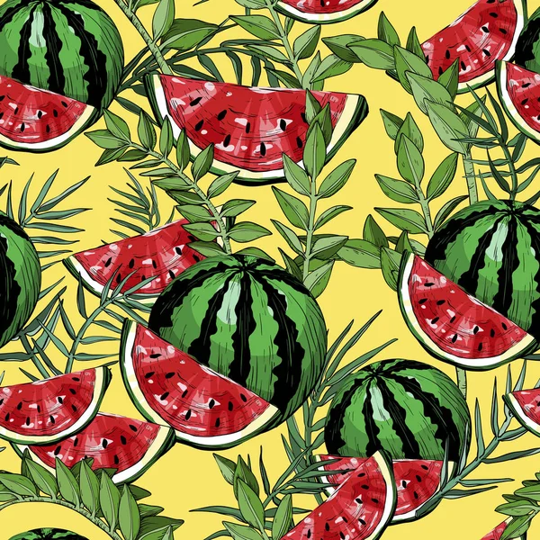 Seamless pattern with watermelons and green tropical leafs and plants — Stock Vector