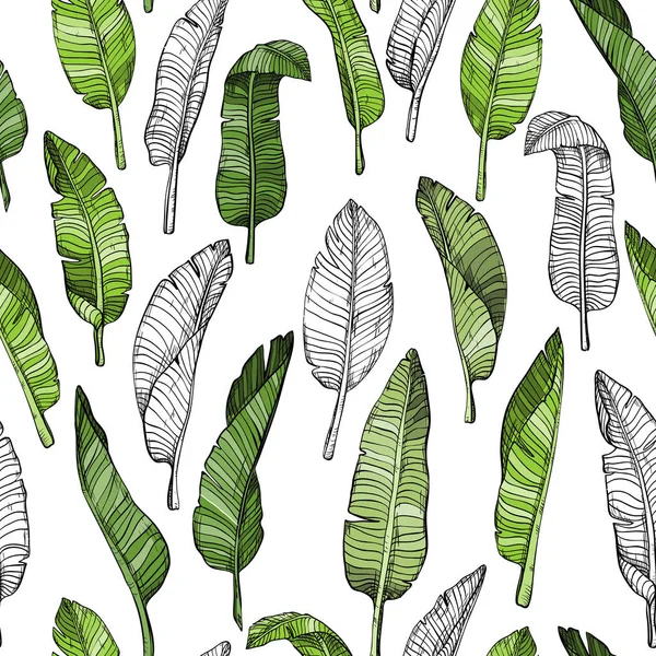 Modello di foglie senza soluzione di continuità con foglie tropicali — Vettoriale Stock